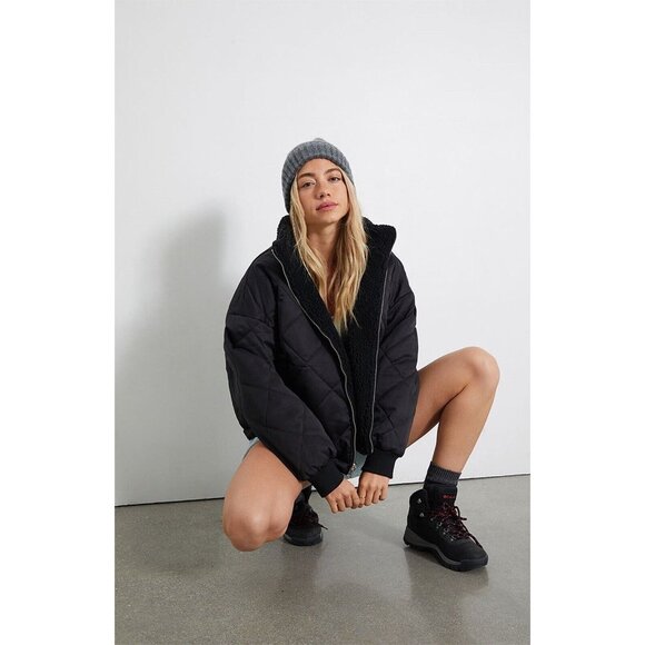 PACSUN LA Hearts Reversible Sherpa Jacket Size Medium/Large Black New - Picture 7 of 10